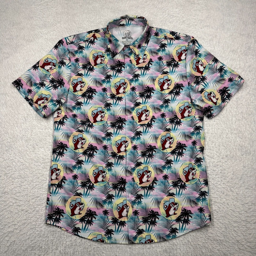 Buc-ees All Over Print Logo Hawaiian Button Front Shirt Men's Size Small